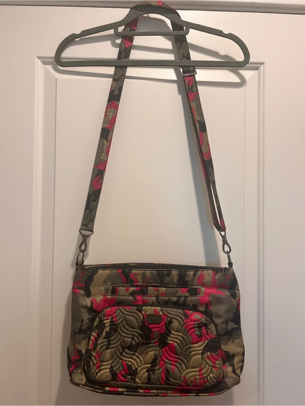 LUG Samba XL Quilted Camouflage Crossbody Bag in Olive and Hot Pink